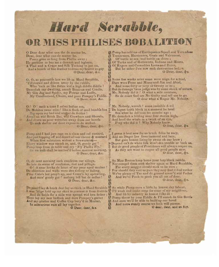 Broadside titled ‘Hard Scrabble, or Miss Philises Bobalition’