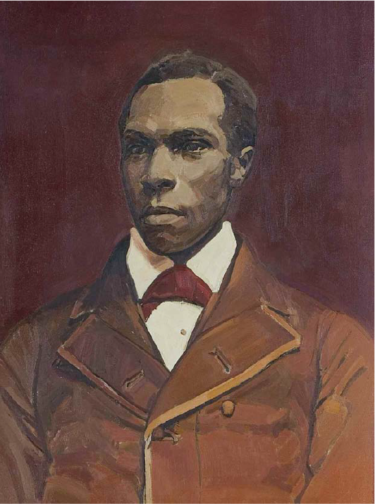 Painted portrait of a black man wearing a white shirt, red tie, and beige jacket.